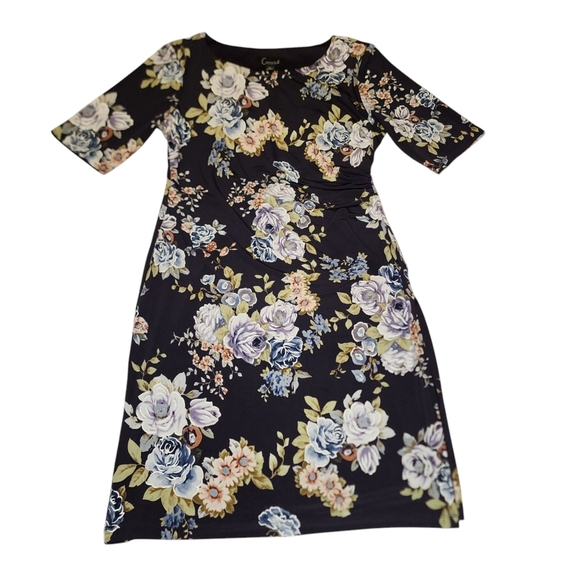 Connected Apparel Deep Pruple Faux Wrap Flroal Stretchy Dress Size 8P - Picture 11 of 15